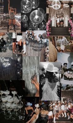 the collage shows many different pictures and people in white outfits, with black and silver accents