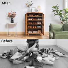 a woman is sitting on the floor with shoes in front of her and before she has been cleaned