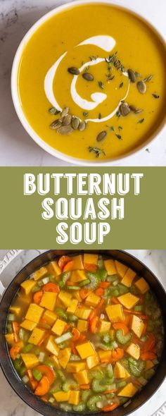 butternut squash soup in a white bowl with spoons next to it and the title overlay reads butternut squash soup