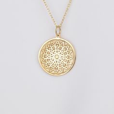 Embrace serenity with our 14k Gold Mandala Necklace a delicate symbol of harmony and balance. This Personalized Mandala Pendant is intricately handcrafted in our workshop, reflecting the beauty of the universe. Perfect as a Wedding Gift or for personal reflection, this Custom Engraved Necklace is a meaningful Mandala Medallion Necklace that adds elegance to any look. * Material: Pendant and chain are 14k Yellow Solid Gold or 925 Sterling Silver * Pendant thickness: 0.70 mm * Inner diameter of ju Mandala Pendant, Custom Engraved Necklace, Personal Reflection, Mandala Necklace, Gold Mandala, Medallion Necklace, Necklace Wedding, 14k Gold Necklace, Necklace Dainty