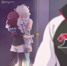 two anime characters hugging each other in front of a mirror