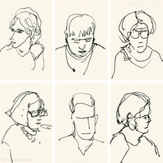 six drawings of people's faces in different poses, each with their own head tilted to the side