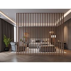 the room divider is made from wood slats