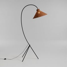 the floor lamp is made out of bamboo and has an iron base with a light bulb on it