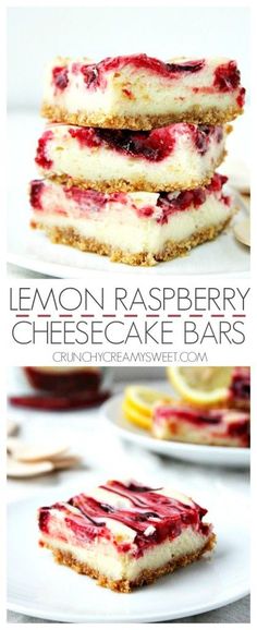 lemon raspberry cheesecake bars are stacked on top of each other with the rest of