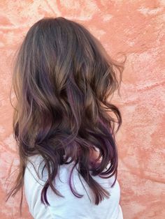 Easiest Hair Color To Maintain, Lavender Hair Highlights Brown, Purple In Light Brown Hair, Long Colorful Hair, Brown Hair With Purple Peekaboos, Subtle Purple Highlights In Brown Hair, Low Maintenance Fall Hair, Dark Brown Hair With Purple Underneath, Purple Highlights Brown Hair Peekaboo