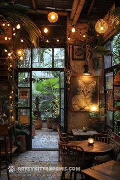 the inside of a restaurant with lots of plants and lights hanging from the ceiling,