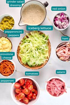 the ingredients to make this salad are shown in bowls and labeled with different types of toppings