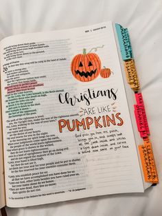 an open bible with the words, thanksgiving are like pumpkins