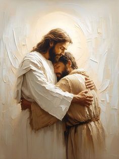 a painting of jesus hugging the head of a young man with his arms wrapped around him