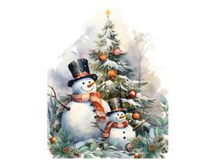 two snowmen are standing in front of a christmas tree