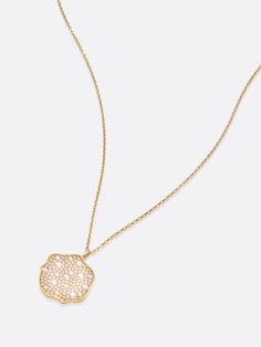 Pendant necklace 18K Yellow Gold Round Brilliant Pavé handset, VS1-2 Clarity, H/I color Diamonds 1.0 Carat total weight Custom, asymmetrical round setting Custom, cable chain Lobster clasp closure Dimensions: 18mm x 2mm 16” chain with 1” & 2” extender (up to 18”) Imported Make a sensual statement in our Petite Fleur Pavé Diamond Pendant Necklace. Its custom cable chain drapes gently on your décolletage, while its stunning asymmetrical, handset, 18K yellow gold and Pavé Diamond charm creates dram Special Necklace, Diamond Charm, Little Flowers, Diamond Pendant Necklace, Pave Diamonds, Cable Chain, Diamond Pendant, Round Brilliant, Colored Diamonds