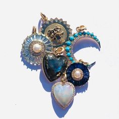 Large Emily Semiprecious Stone with Pearl & Diamond Pendant Charm Pearl Diamond Pendant, Victorian Aesthetic, Antique Fairs, Blue Sapphire Diamond, Jewelry Show, Pearl Diamond, Pink Opal, Green Tourmaline, Jewelry Creation