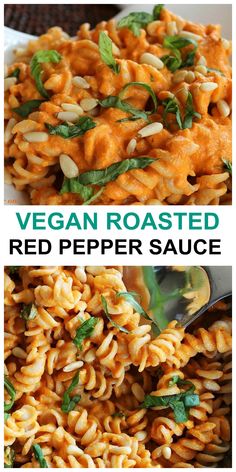 vegan roasted red pepper sauce in a white bowl with pasta and spinach on the side