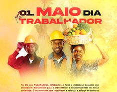 an advertisement with three people wearing hardhats and holding a basket of fruit on their head