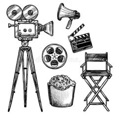 an old fashioned movie camera and film set - miscellaneous objects / objects clippings