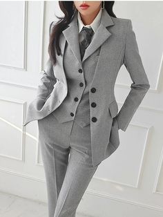 Khaki-grey Womens Blazer Suit, Office Women 3 Piece Suit With Slim Fit Pants, Buttoned Vest and Single-breasted Blazer,office Wear for Women - Etsy Chic Business Outfits, Female Blazer, Formal Suits For Women, Blazer Suit Women, Long Sleeve Suit, Vintage Suit, Office Suit, Exude Confidence, Formal Suit