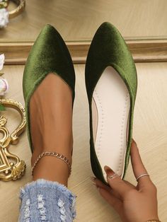 Fashionable Sweet Floral Pointed Toe Flat Shoes, Soft Bottom Comfortable Work Shoes For Women, Size 35-45, Slip-On Flat Shoes Suitable For Dresses, Lightweight And Comfy Flat Shoes Green Fashionable    Plain,Plants    Women Shoes, size features are:Bust: ,Length: ,Sleeve Length: Green Flat Heel Slip-ons For Spring, Green Casual Flat Heel Slip-ons, Green Synthetic Flats, Green Slip-on Synthetic Flats, Elegant Green Slip-on Flats, Comfortable Work Shoes, Comfy Flats, Shoes Soft, Oscar Dresses