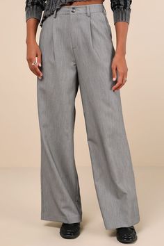 Banish the workweek blues when you style your office-approved look with the Lulus Composed Moment Grey High-Rise Wide-Leg Trouser Pants! Lightly stretchy woven fabric (with a slight tonal effect) shapes a high waist, belt loops, and a hidden zip fly with a top button closure. Chic pleating accents the wide-leg silhouette, which has functional front diagonal pockets and decorative welt pockets at the back. Ankle-length hems complete the look. Fit: This garment fits true to size. Length: Floor len Tailored Office Chic Bottoms For Workwear, Spring Workwear Tapered Leg Dress Pants, Tailored Wide Leg Pants For Spring Office Wear, Gray Wide Leg Pants For Spring Workwear, Gray Pants For Spring Workwear, Spring Workwear Dress Pants With Tapered Leg, Spring Tapered Leg Dress Pants For Workwear, Office Chic Formal Bottoms For Spring, Gray Formal Bottoms For Spring