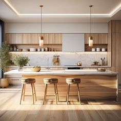 a kitchen with two stools in front of an island and wooden cabinets, along with potted plants on the counter