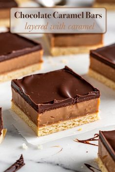 chocolate caramel bars are stacked on top of each other with the words layered with caramel