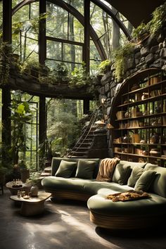 a living room filled with lots of green furniture