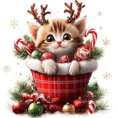 a cat is sitting in a basket with christmas decorations and candy canes on it