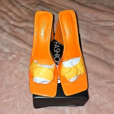 Never Worn, Women's Size 10 Fashion Nova Heels. Fun, Flirty, Heels Orange Open Heel Synthetic Heels, Orange Synthetic Square Toe Heels, Orange Heels For Spring Night Out, Orange Synthetic Heels With Round Toe, Orange Synthetic Round Toe Heels, Trendy Orange Open Heel Heels, Trendy Orange 4-inch Heels, Orange Synthetic Heels With 4-inch Heel, Orange 4-inch Heel Synthetic Heels