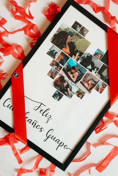 a red ribbon is tied around a frame with photos on it and the words, feliz de matas grappe