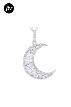 Bella Luce�� white diamond simulant 8.26ctw round rhodium over sterling silver moon pendant with chain. Pendant measures approximately 0.94"L x 0.31"W with 18" Singapore Chain plus 2" extender and lobster claw clasp. The diamond equivalent weight is 5.00ctw. Celestial Cubic Zirconia Jewelry In Diamond White, White Crescent Diamond Jewelry, Silver Jewelry With Moon Charm For Formal Occasions, Formal Silver Jewelry With Moon Charm, Formal Moon Phase Sterling Silver Jewelry, Moon Shaped Sterling Silver Jewelry With Diamond Accents, White Gold Moon-shaped Jewelry For Formal Occasions, Formal White Gold Moon-shaped Jewelry, Formal White Gold Moon Shaped Jewelry