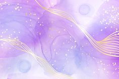 an abstract purple and gold background with swirls, dots and lines on it's surface