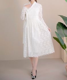 This is a Korean Modern Hanbok Dress for Women. It is wrap style lace long dress in white color. This hanbok is modernly designed so you can wear it comfortably and beautifully. This modern hanbok is perfect dress for special celebrations such as wedding, engagement parties or various events. If you choose a Dress and Chiffon Skirt together, the skirt worn by the model in the photo will be delivered. ⭐You can create a variety of styles by layering skirts of different colors on this dress. Go loo Layering Skirts, Hanbok Women, Long Dress Wedding, Modern Hanbok Dress, Style Long Dress, Hanbok Dress, Dress Korea, Modern Hanbok, Women Lace Dress