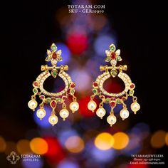 22K Gold Drop Earrings (Chand Bali) With Cz , Ruby , Emerald & Japanese Culture Pearls Earrings Chandbali, Chand Bali, Temple Jewellery Earrings, Indian Diamond Jewellery, Indian Gold Jewelry, Gold Temple Jewellery, 22k Gold Jewelry, Bracelet Pendant, Gold Jewelry Stores