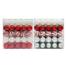 two boxes filled with red and white ornaments