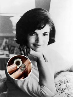 a black and white photo of a woman with a ring on her finger next to an image of a diamond ring