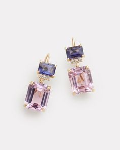 Iolite, Kunzite, and Diamond Drop Earring – Jamie Wolf Artistic Luxury Gemstone Jewelry, Luxury Gold Earrings With Gemstone Accents, Luxury Elegant Gemstone Earrings, Emerald Cut Drop Earrings, Wolf Earrings, Kunzite Jewelry, Earring Handmade, Gold Circle, Cz Earrings