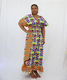 Aliyah multicoloured African print maxi dress Patterned V-neck Maxi Dress With Vibrant Print, Multicolor Vibrant Print V-neck Dress, Multicolor Print V-neck Maxi Dress, Multicolor Printed V-neck Dress, Printed Yellow Maxi Dress, Bohemian Multicolor V-neck Maxi Dress, Spring Multicolor Print V-neck Maxi Dress, Spring V-neck Multicolor Print Maxi Dress, Multicolor Printed Midi Dress For Vacation