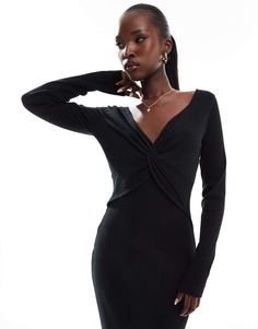 Dress by ASOS DESIGN The one that goes with everything Plain design V-neck Twist front Long sleeves Slim fit Zara Fitted Long Sleeve V-neck Dress, Black Knit V-neck Sweater Dress, Ribbed Maxi Dress, Jane Dress, Dress Rental, Spring Floral Dress, Jumpsuit Shorts Rompers, Long Black Dress, Plain Design