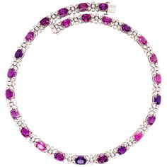 Rare no heat purple sapphire diamond necklace. Sri Lanka origin, Intense purple, pink, violet, no heat, high luster, oval faceted, 50.30 carats, natural sapphires mounted in open basket with four prongs, accented with round and marquise brilliant cut diamonds to the back. Glamorous handcrafted masterpiece choker style necklace set in 18 karat white gold along with tapered hinged lock. Come with HKD report. Statement piece! Sapphire: 50.30 carats, no heat, oval faceted, intense purple-pink to vio Pink And Purple Necklace, Purple Diamond Necklace, Sapphire Diamond Necklace, Vintage Pendant Necklace, Basket Setting, Necklaces Pendant, Purple Diamond, Choker Style Necklace, Purple Jewelry