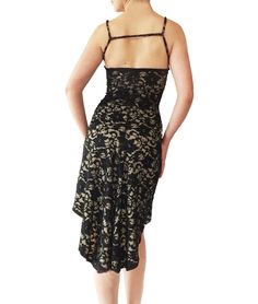 "This classic godet dress has been a part of our collection since 1998. Updated here in black stretch lace with your choice of lining colors. Simple straight front silhouette and swishy godet fishtail in back. Narrow elastic shoulder straps. Adjustable back strap for best fit. Fully lined. Size: -Front length: 22\" / 50.8cm -Back length: 30\" / 66cm -Longer lengths available on request, no additional charge. -Sizes 4 . Please see size chart below. Fabric & Care: -Easy care, no-wrinkle poly/s Knee-length Stretch Lace Midi Dress, Knee-length Lace Stretch Midi Dress, Stretch Lace Knee-length Midi Dress, Lace Midi Dress With Fitted Bodice For Gala, Knee-length Lace Midi Dress, Fitted Lace Dress With Lace Trim For Gala, Fitted Lace Dress With Lace Trim For Night Out, Sleeveless Fitted Lace Dress For Evening, Fitted Sleeveless Lace Dress For Evening