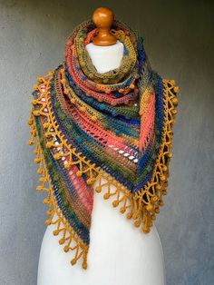 "Bohemian multicolored crochet shawl \"Northern Lights\" 100% handmade 🙌 Shawl made in blue, green, coral and mustard shades.  I made it of soft yarn (Italy): 60% Wool, 40% Acrylic Size: 76\" x 34\" (193 cm x 86 cm) Product Care: Hand wash. Shipping from: Europe, Estonia. Will be shipped within 1-2 days after payment. All products from a smoke-free home. I hope you'll enjoy browsing!  Thank you for visiting! Check out also my other Items www.etsy.com/shop/ShellenD" Crochet Gradient, Bohemian Crochet, Winter Crochet, Gradient Yarns, Handmade Scarf, Handmade Scarves, Wool Shawl, Boho Crochet, Crochet Shawl