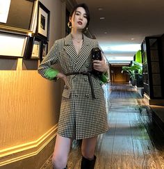 Classic Plaid Long Sleeve Double Breasted Belted Blazer Dress Vivian Seven Long Blazer Dress, Suit Dress Women, Plaid Trench Coat, Checkered Blazer, Clothing Studio, Trench Coat Dress, Trench Dress, Wool Overcoat, Belted Blazer