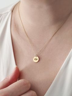 18K 14K 9K Dainty Diamond Evil Eye Necklace, Minimalist Small Evil Eye Charm Necklace, Solid gold layering necklace, Lucky charm, Gift for Her, Gift for mom, Kabbalah Jewelry, FREE EXPRESS SHIPPING Dainty, minimalist solitaire diamond evil eye charm necklace with a unique design and made in 18K, 14K or 9K gold. An absolute staple! Whisper...My new Lucky charm! ------------------------------------------------- D E T A I L S 18K, 14K or 9K Solid Gold Disc size: 12mm/ approx. 0.47'' Natural white d Delicate Yellow Gold Charm Necklaces, Minimalist Birthstone Necklace In Recycled Gold, Minimalist Recycled Gold Necklace With Birthstone, Minimalist Recycled Gold Birthstone Necklace, Gold Fine Jewelry Charm Necklace For Everyday, Tarnish Resistant Yellow Gold Charm Necklace For Her, Yellow Gold Plated Charm Necklace For Her, Yellow Gold Plated Charm Necklace As Gift For Her, Gold Plated Yellow Gold Charm Necklace For Her