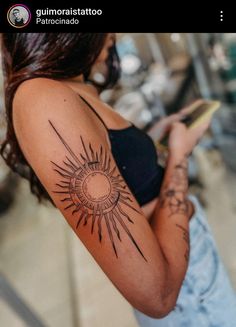 Unique Boho Tattoos, Sun Tattoo Sleeve Women, Upper Arm Sun Tattoo, Collar Bone Sun Tattoo, Vintage Sun And Moon Tattoo, Indian Aesthetic Tattoo, Hawaiian Themed Tattoos, Sun Art Tattoo, Tattoos To Get On Vacation