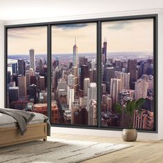 an image of a bedroom with city view from it's large window panes