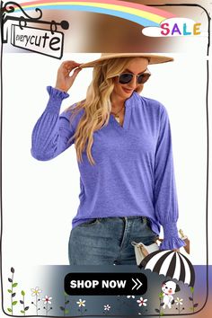 Purple V-neckline Ruffle Long Sleeve Tops Fall V-neck Top With Ruffle Hem, Fall V-neck Ruffled Tops, Casual Ruffled Split Neck Blouse, Chic Ruffled Split Neck Blouse, Chic Split Neck Blouse With Ruffles, Fall Ruffled V-neck Tops, Tops Long Sleeve, Ruffle Long Sleeve, Women Tops