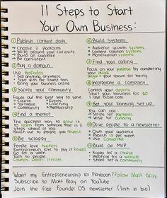 a spiral notebook with writing on it that says i'll steps to start your own business