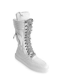 Also Available: Description Designed in a combat boot silhouette, the Blaine sneaker is carefully crafted from our signature bubble embossed leather. This lace-up style is accented with a multitude of details; including our signature side pockets and padded tongue zippered pockets. The chunky white sole gives a leg lengthening effect. The black and white thick laces give these sneakers a coolness factor. The silver zipper that runs along the inside of the foot up the leg makes for easy fastening Leather Lace-up Boots With Abzorb Midsole, Luxury White Lace-up Boots, Luxury High-top Lace-up Boots, White Lace-up Boots For Streetwear, Studded Rubber Outsole Lace-up Combat Boots For Streetwear, White High-top Combat Boots With Lug Sole, High-top Studded Lace-up Boots For Streetwear, Studded Lace-up Combat Boots For Streetwear, Lace-up Boots With Textured Sole For Streetwear