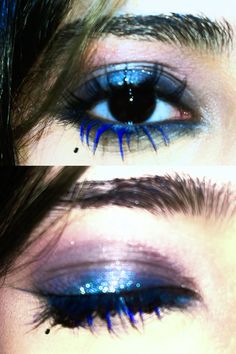 Kaleidoscope Makeup Eyes, Ptv Concert Makeup, Night Time Eye Makeup, Cobalt Blue Eyeliner, Kinderwhore 90s Grunge Style Makeup, Simple Eyeliner Designs, Swirl Eye Makeup, Messy Glitter Makeup, Teary Eye Makeup