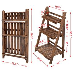 a wooden shelf with measurements for the top and bottom shelves on each side, along with an additional shelving unit